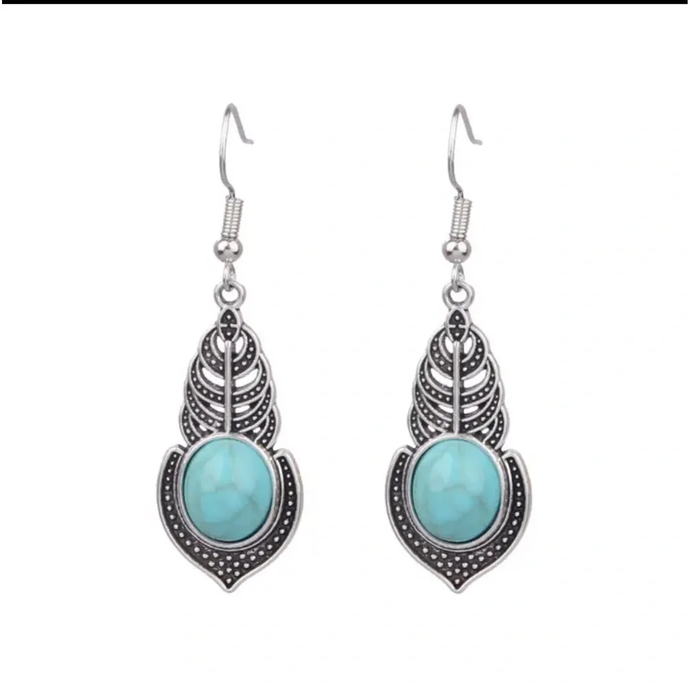 New Sterling Silver Native Ethnic Patina Floral Turquoise Handmade Earrings